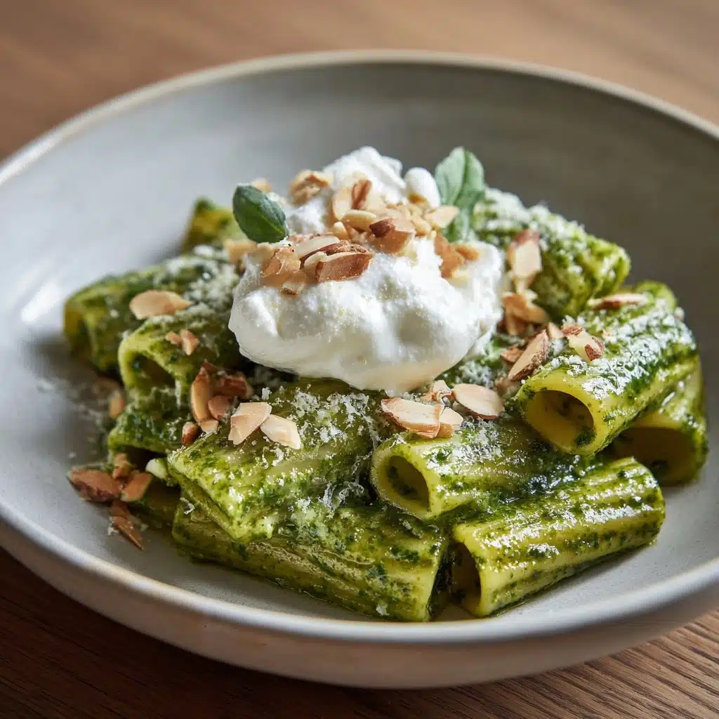 Creamy One Pot Rigatoni with Basil-Pistachio Pesto & Burrata Recipe - Recipe Image