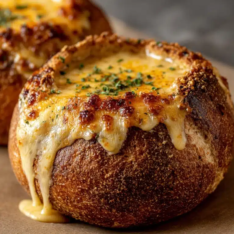 Creamy French Onion Soup Baked in Bread Bowls Recipe