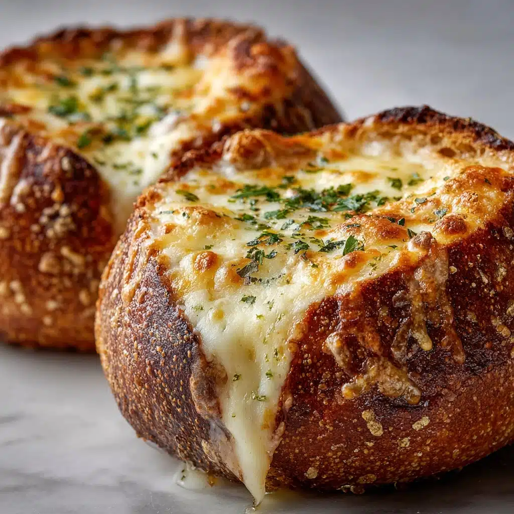 Creamy French Onion Soup Baked in Bread Bowls Recipe - Recipe Image