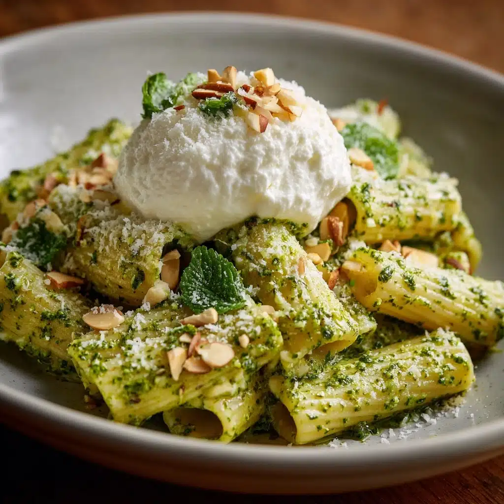 Creamy One Pot Rigatoni with Basil-Pistachio Pesto & Burrata Recipe - Recipe Image