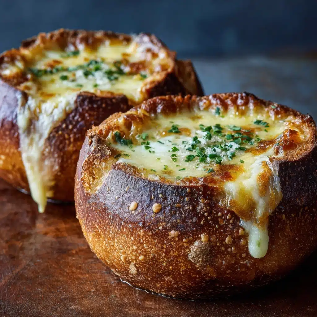 Creamy French Onion Soup Baked in Bread Bowls Recipe - Recipe Image