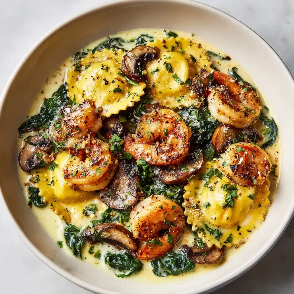 Ravioli with Seafood, Spinach & Mushrooms in Garlic Cream Sauce Recipe - Recipe Image