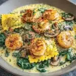 Ravioli with Seafood, Spinach & Mushrooms in Garlic Cream Sauce Recipe