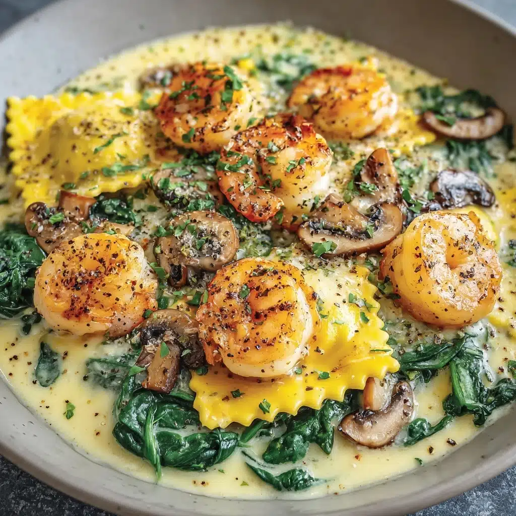 Ravioli with Seafood, Spinach & Mushrooms in Garlic Cream Sauce Recipe - Recipe Image
