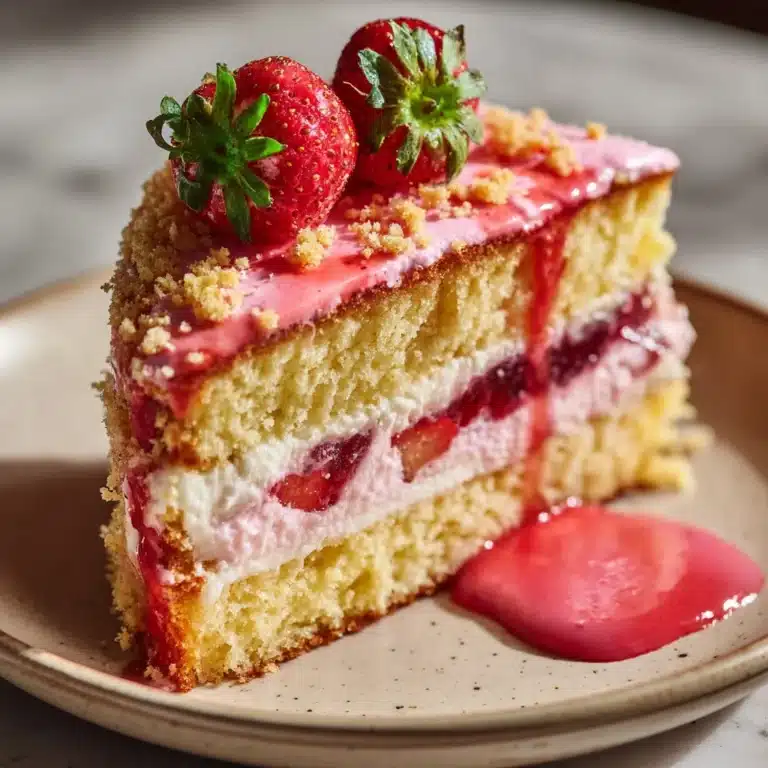 Strawberry Lemon Crunch Cake Slice with Strawberry Red Cream Cheese Icing Recipe