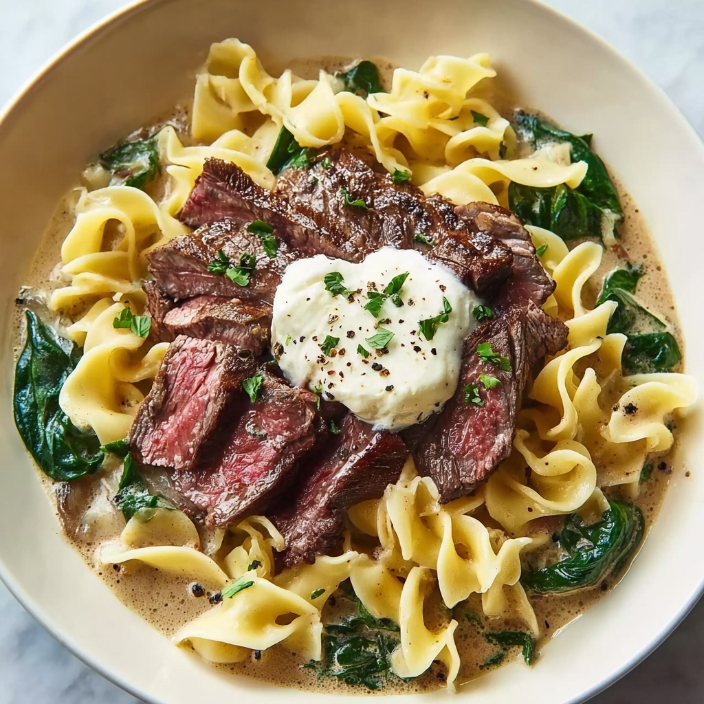 Garlic Butter Steak with Egg Noodles and Spinach Salad Recipe - Recipe Image