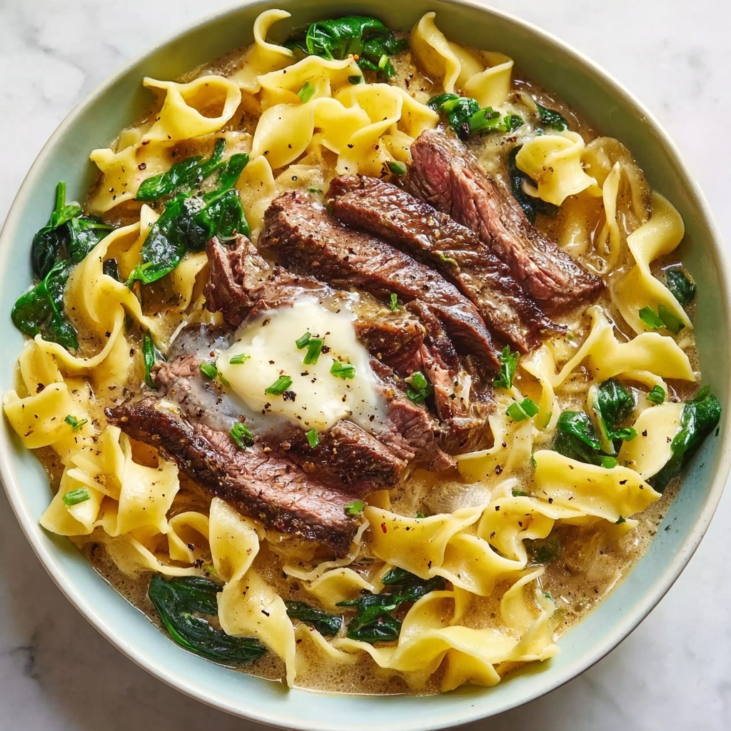 Garlic Butter Steak with Egg Noodles and Spinach Salad Recipe - Recipe Image