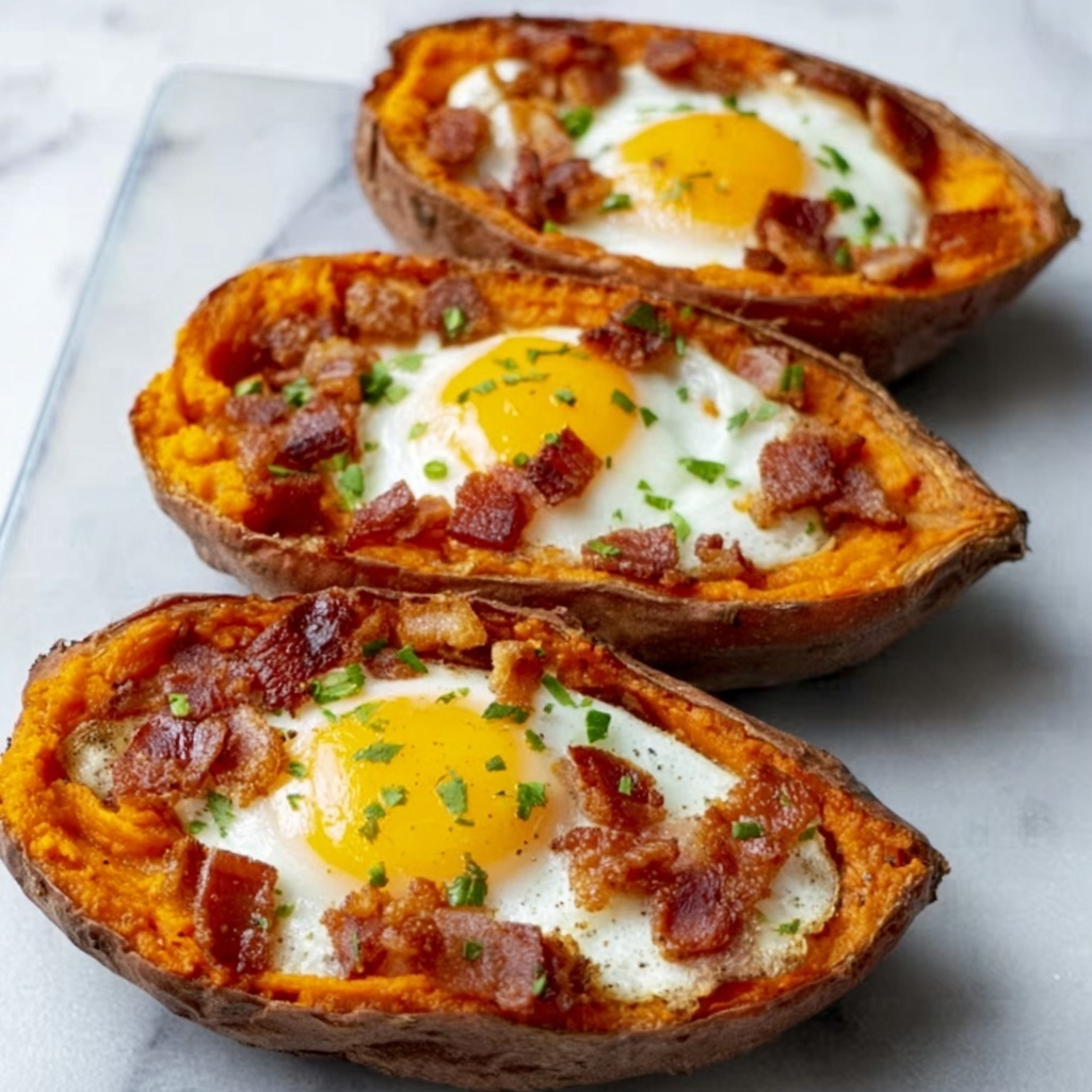 Baked Sweet Potato Breakfast Boats with Bacon, Cheddar, and Egg Recipe - Recipe Image