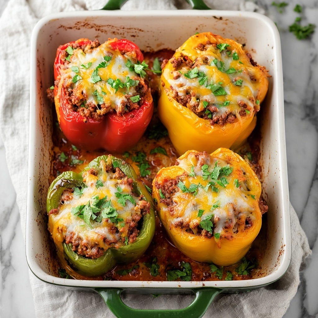 Cheesy Stuffed Bell Peppers with Ground Meat and Rice Recipe - Recipe Image