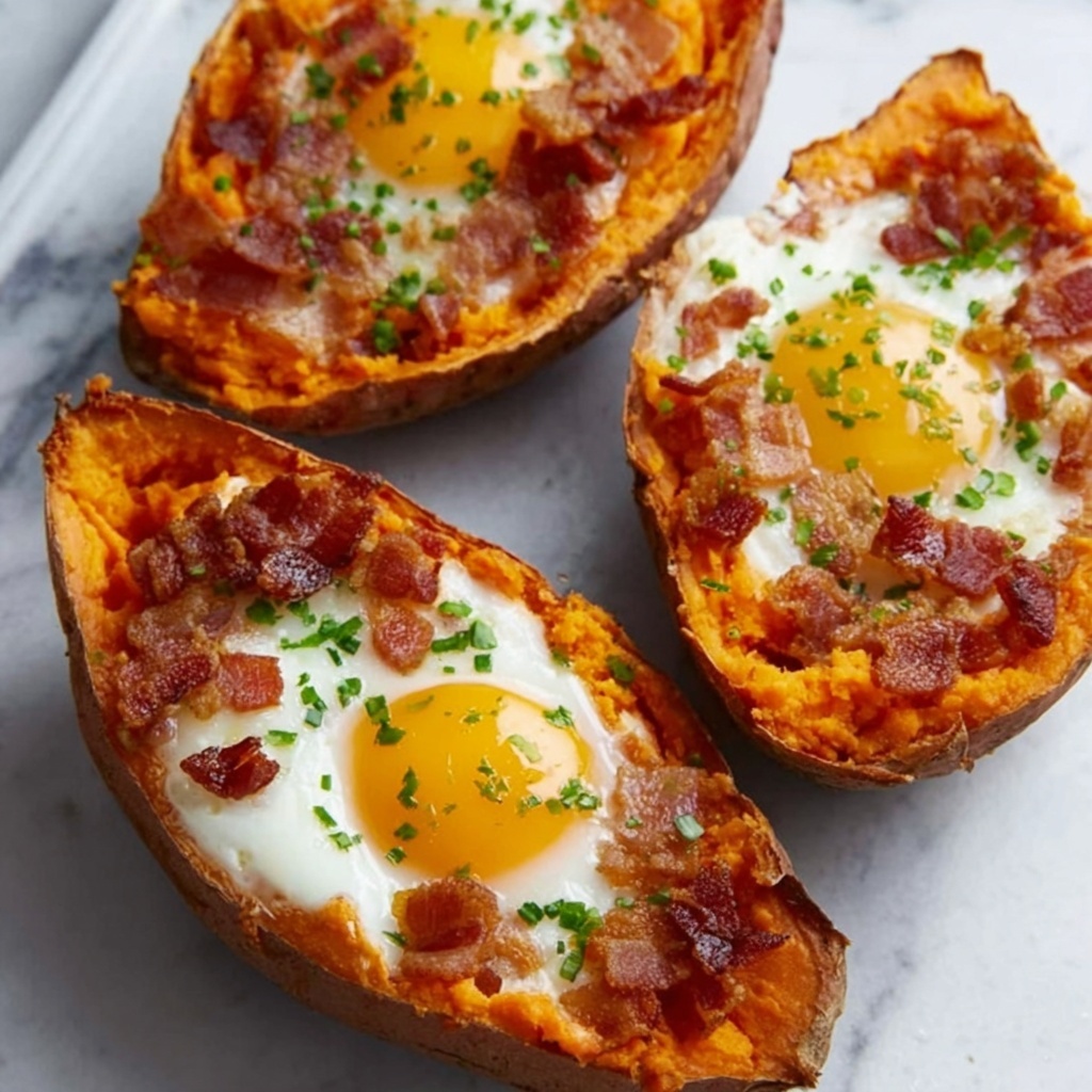 Baked Sweet Potato Breakfast Boats with Bacon, Cheddar, and Egg Recipe - Recipe Image