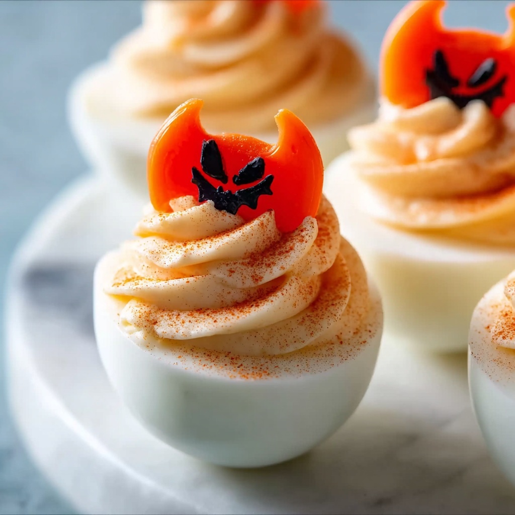Cute Halloween Deviled Eggs with Spooky Red Pepper Wings Recipe - Recipe Image