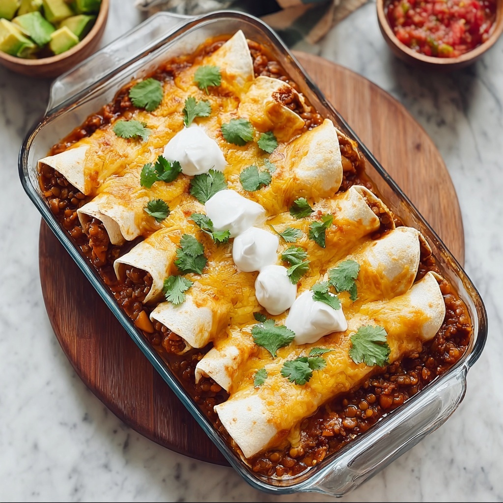 Vegan Lentil Enchiladas with Rich Tomato Sauce and Cheesy Topping Recipe - Recipe Image
