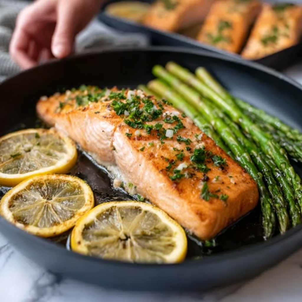 Sheet-Pan Garlic Butter Salmon & Asparagus Recipe - Recipe Image