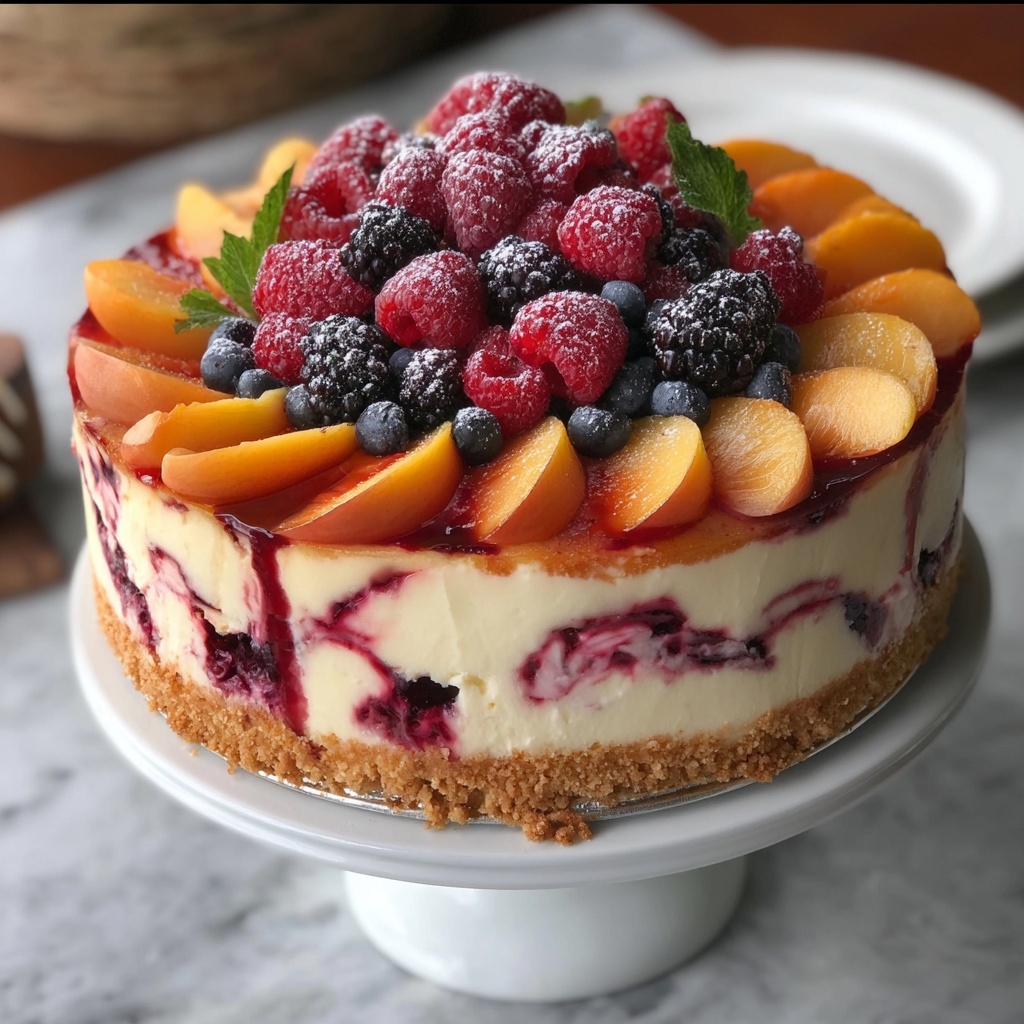 Savory Summer Berry and Peach Cheesecake Recipe - Recipe Image