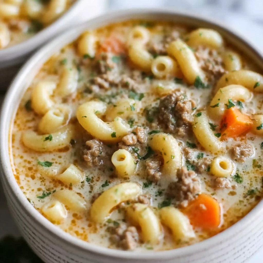 Cheesy Beef Pasta Soup Recipe - Recipe Image