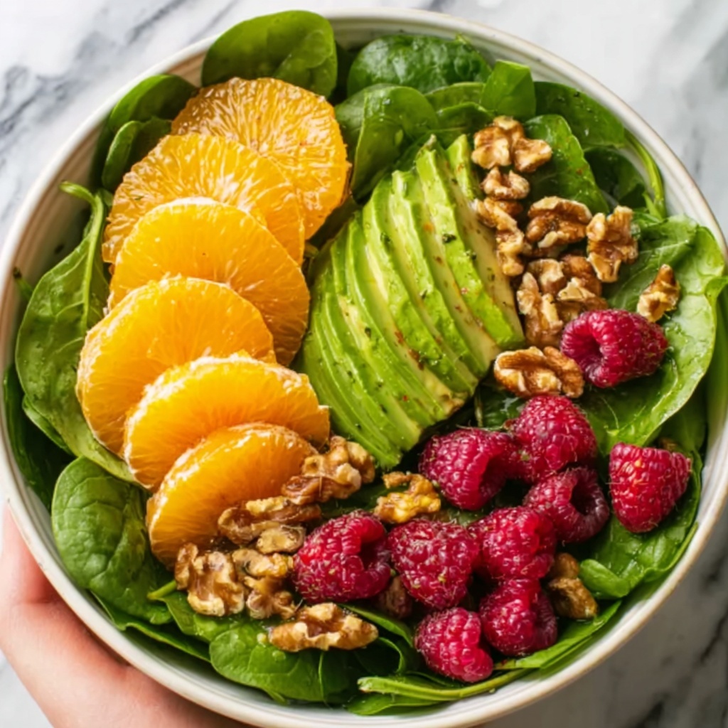 Raspberry-Spinach Salad with Avocado and Toasted Walnuts Recipe - Recipe Image
