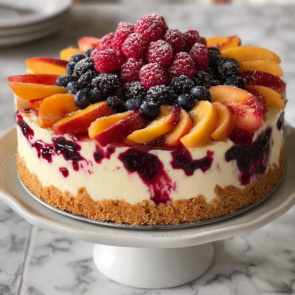 Savory Summer Berry and Peach Cheesecake Recipe - Recipe Image