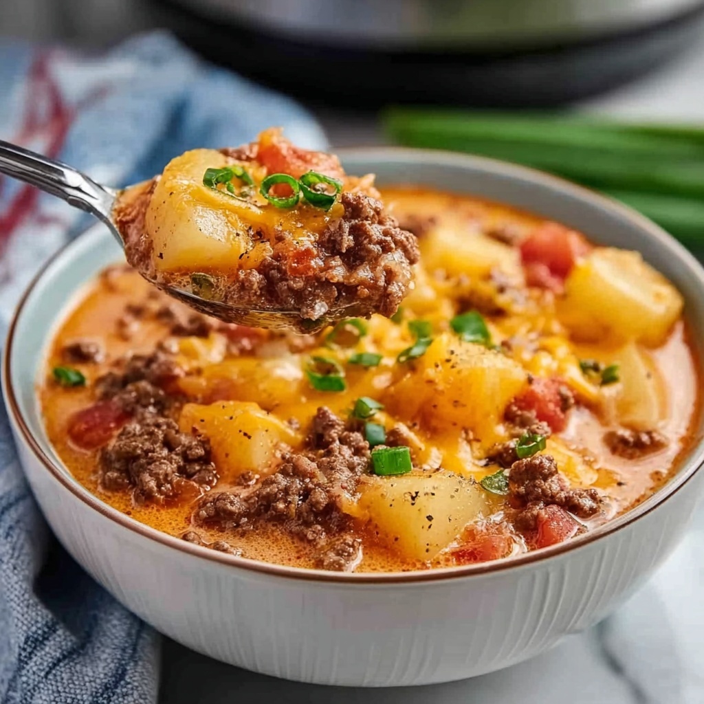 Slow Cooker Cheesy Burger-Flavored Soup Recipe - Recipe Image