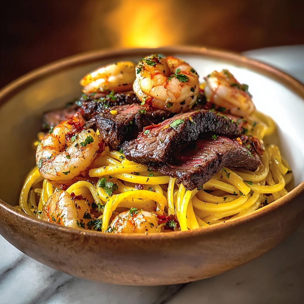 Mouthwatering Calabrian Steak and Shrimp Bucatini Delight Recipe - Recipe Image